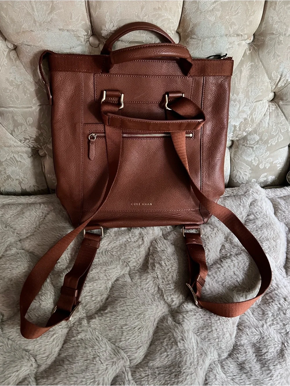 Cole Haan Brown Pebbled Leather Convertible Backpack Tote